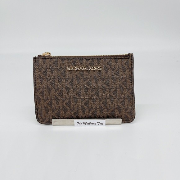 Michael Kors Jet Set Travel Signature Brown Top Zip Leather Coin Wallet NWT $188 - Picture 1 of 5